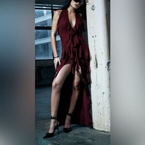 ASOS/MURCI Deep Plunge Ruffle Trim Maxi Dress in burgundy/deep red